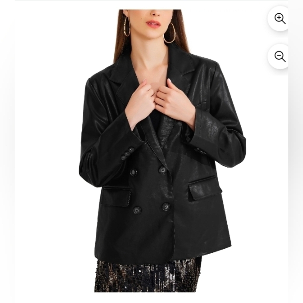 Allegra K Women's Faux Leather Blazer Pockets Notch Lapel Work Casual Fall Winte
